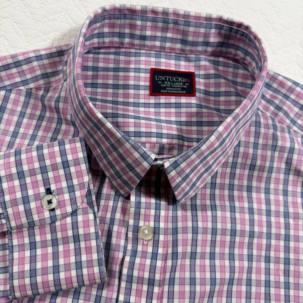 UNTUCKit Dolcetto WF Mens XX Large Pink Blue Plaid Button Down Shirt Slim Fit